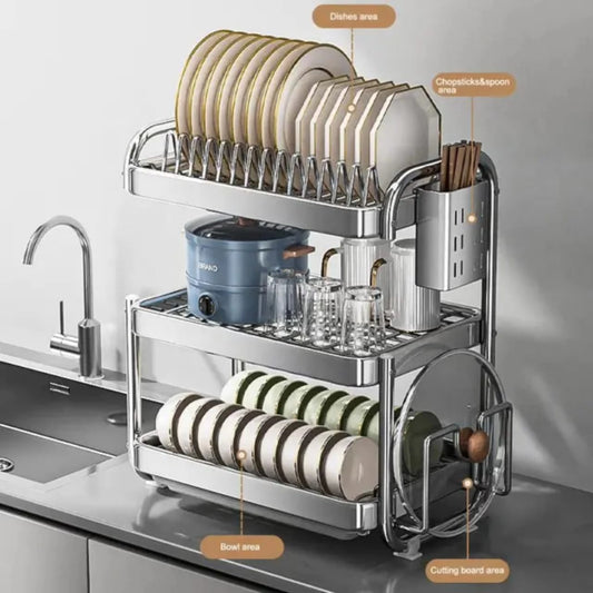 201ss Material 3-Tier Kitchen Chrome plated Dish Rack with drain tray