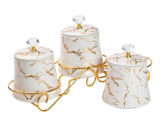 3pcs Marble Canisters With A Gold Metal Stand