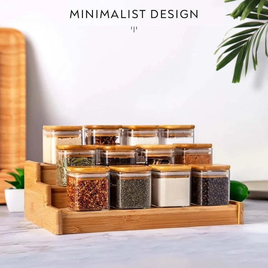 12pcs Square Glass Spice Jar set with a Wooden Bamboo Stand