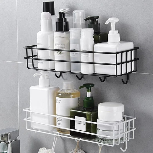 Metallic Bathroom Shelf with Hooks
