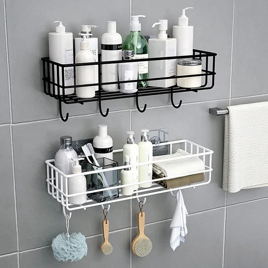 Metallic Bathroom Shelf with Hooks