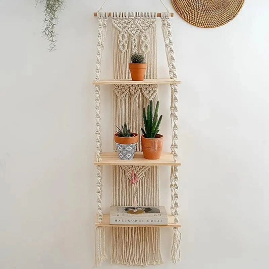 Woven Tapestry 3 Tier Bohemian Wall Hanging Floating Shelves