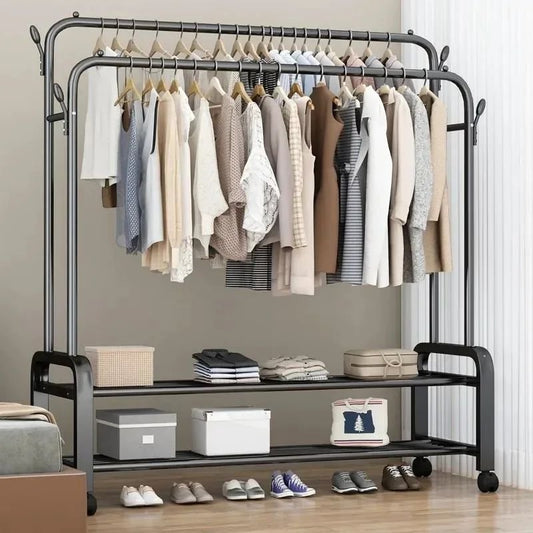 Double Pole Clothing Rack with Wheels and Shoe Rack