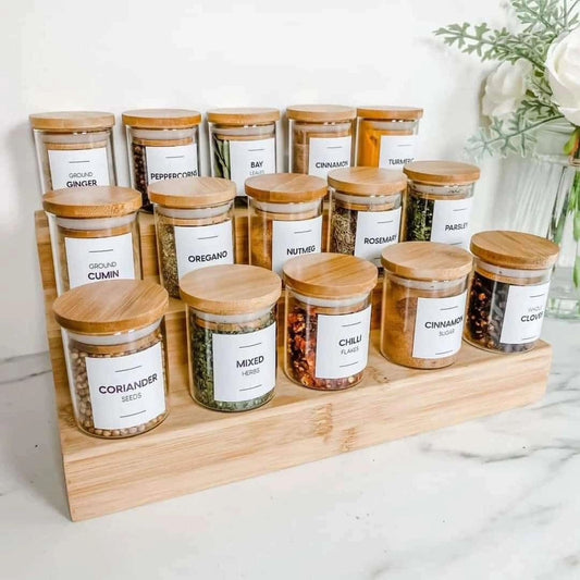 15pcs Glass Spice Jar Set with a Wooden Bamboo Stand