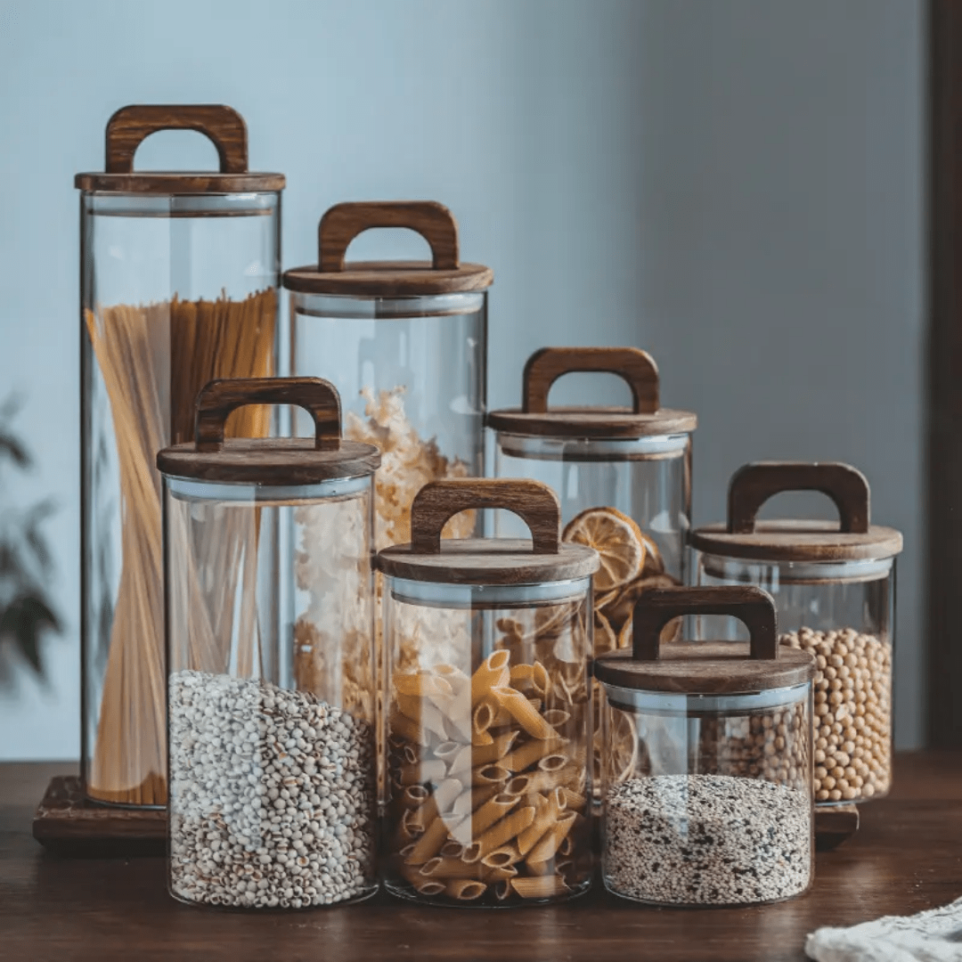 Acacia wooden sealed lid kitchen Storage Glass Jar with Bamboo lid | - Elegant Households KE
