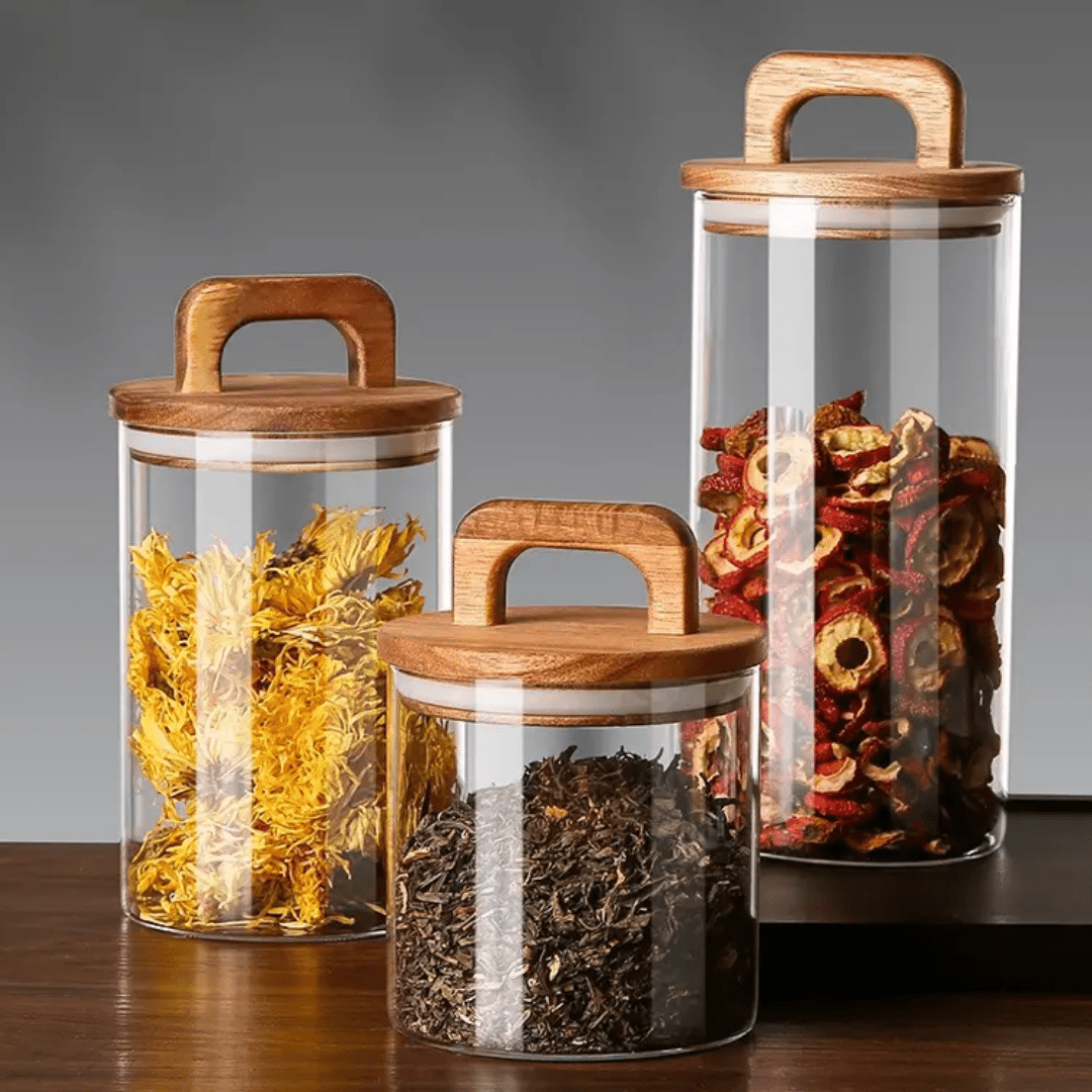 Acacia wooden sealed lid kitchen Storage Glass Jar with Bamboo lid | - Elegant Households KE
