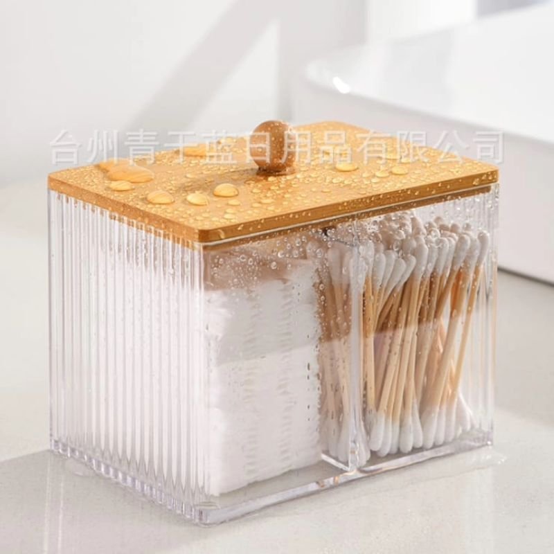 Accrylic Cotton Swab Storage Box with Bamboo Lid | - Elegant Households KE