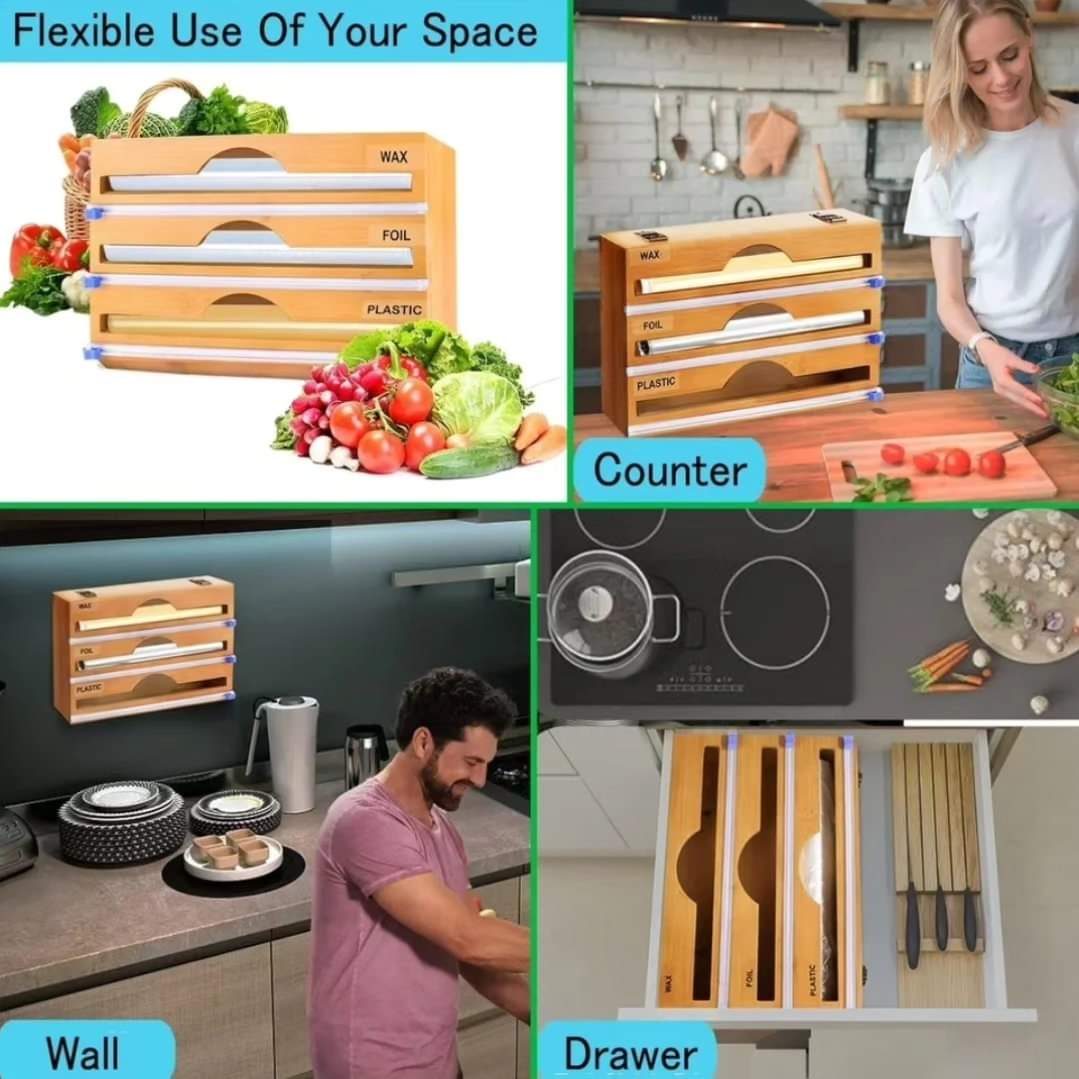 Bamboo Kitchen Foil Wrap Dispenser with Cutter | - Elegant Households KE