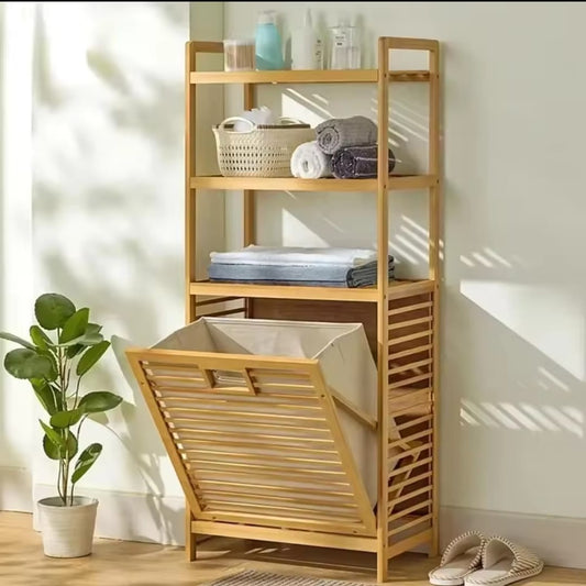 Bamboo Laundry Basket Organizer | 3 - Tier Shelves & Tilt - Out Basket | - Elegant Households KE