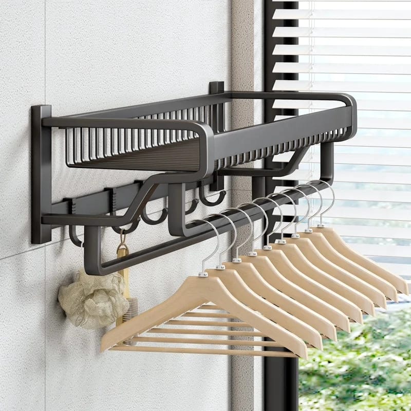 Bathroom Wall Mounted Towel Rack with wall Hooks – Double Layer Aluminum Rack