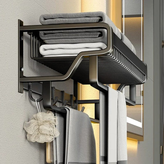 Bathroom Wall Mounted Towel Rack with wall Hooks – Double Layer Aluminum Rack