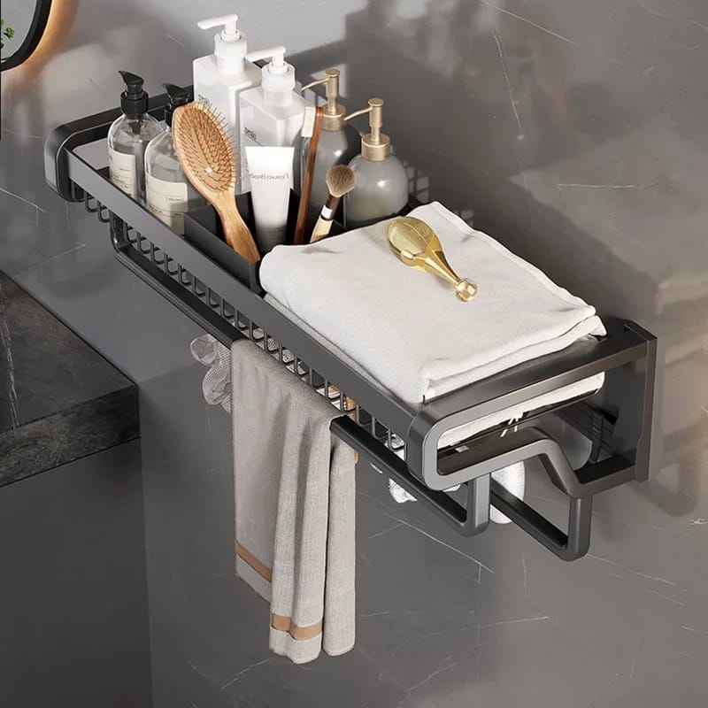 Bathroom Wall Mounted Towel Rack with wall Hooks – Double Layer Aluminum Rack