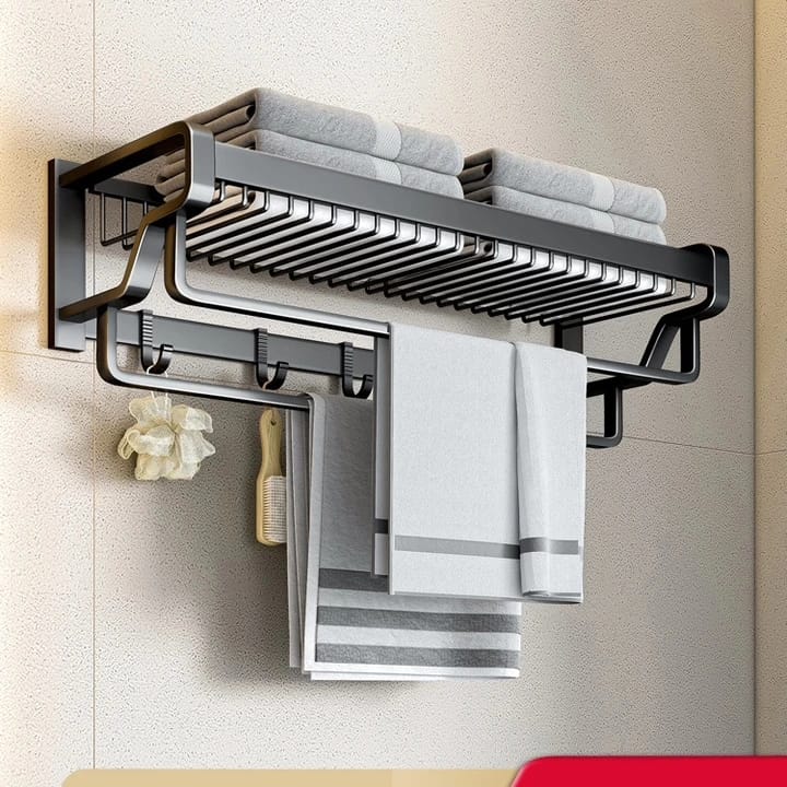 Bathroom Wall Mounted Towel Rack with wall Hooks – Double Layer Aluminum Rack