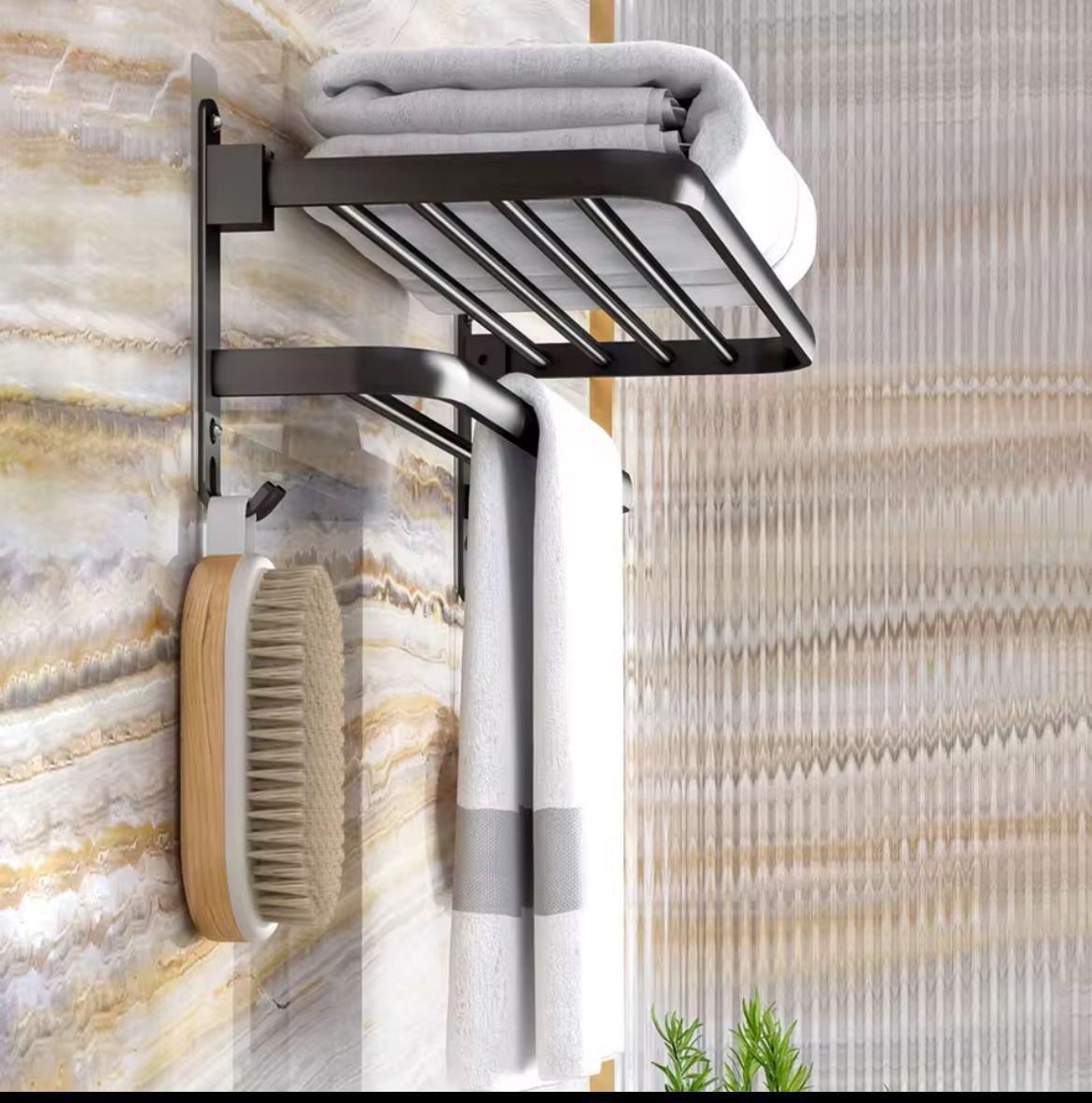 Black Aluminum Double - Layer Foldable Towel Rack | Wall - Mounted Bathroom Accessories | - Elegant Households KE
