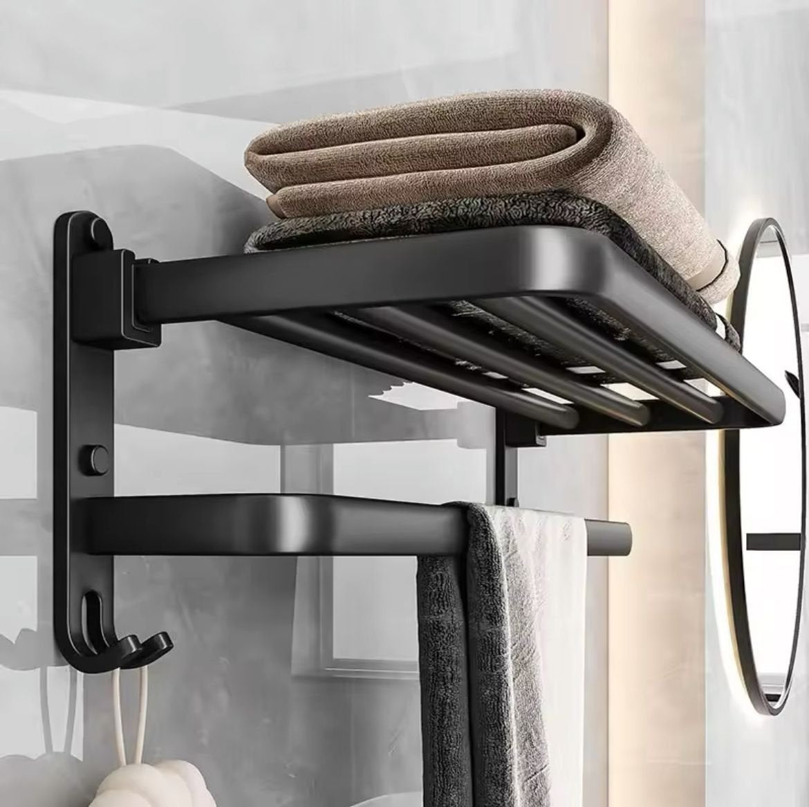 Black Aluminum Double - Layer Foldable Towel Rack | Wall - Mounted Bathroom Accessories | - Elegant Households KE
