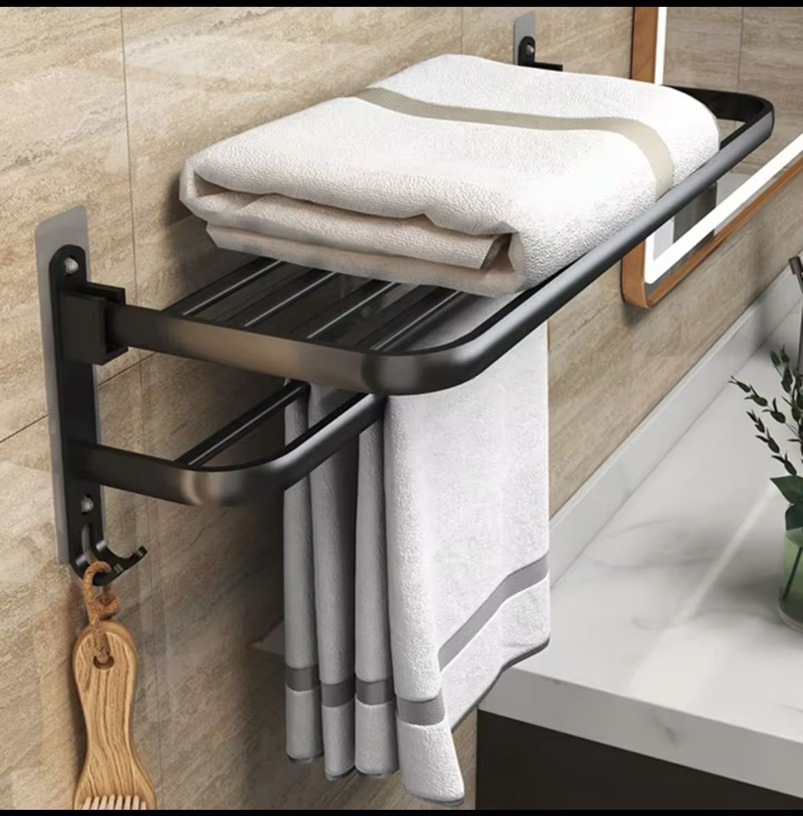 Black Aluminum Double - Layer Foldable Towel Rack | Wall - Mounted Bathroom Accessories | - Elegant Households KE