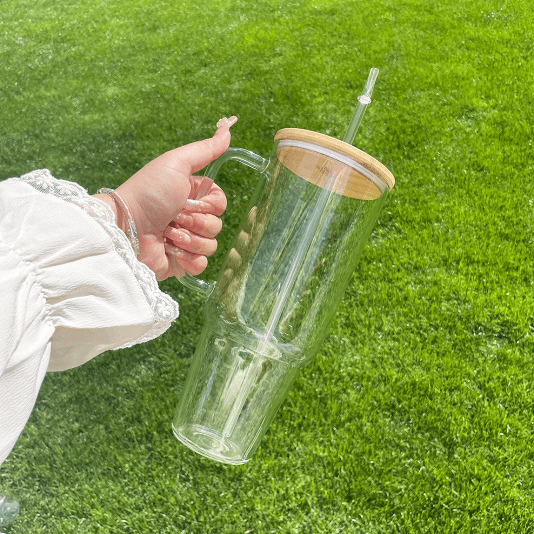 Borosilicate Bamboo Drinking Glass Cup/Tumbler with lid + Straw | - Elegant Households KE