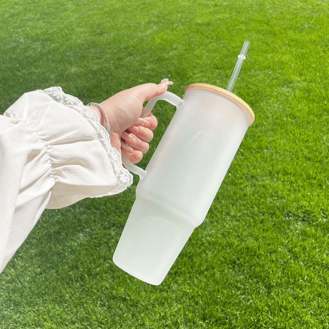 Borosilicate Bamboo Drinking Glass Cup/Tumbler with lid + Straw | - Elegant Households KE