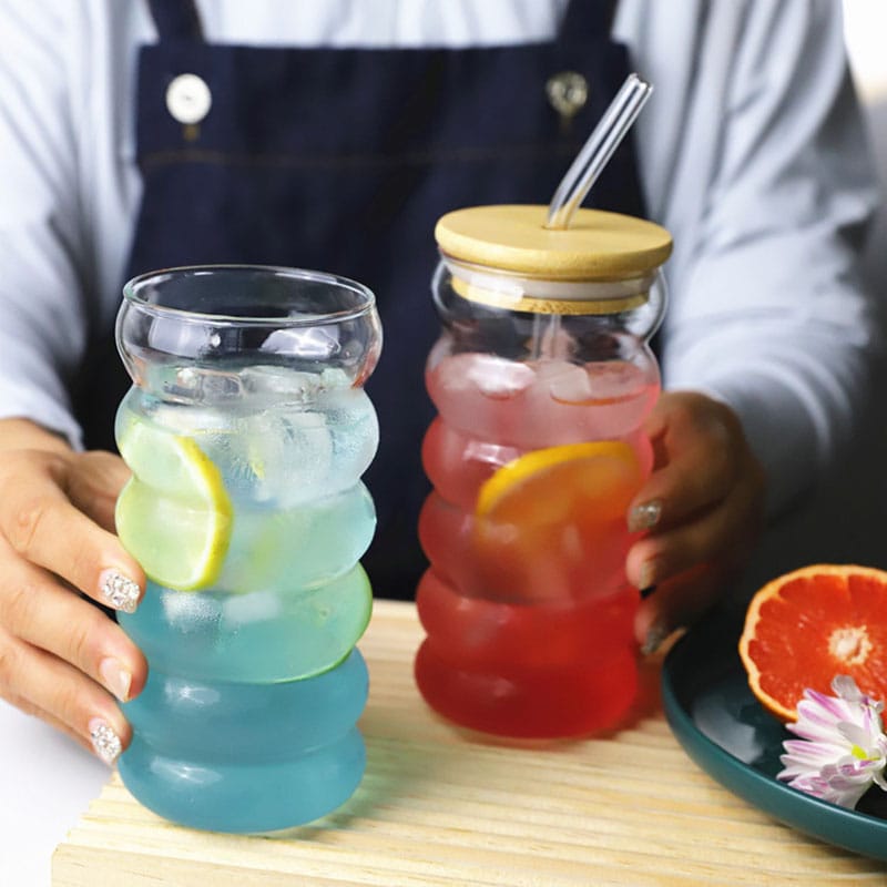 Borosilicate ripple wave glass cup with bamboo lid | - Elegant Households KE
