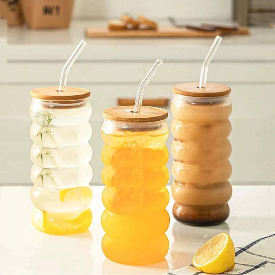Borosilicate ripple wave glass cup with bamboo lid | - Elegant Households KE