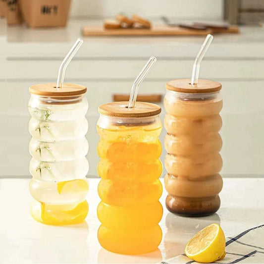 Borosilicate ripple wave glass cup with bamboo lid | - Elegant Households KE