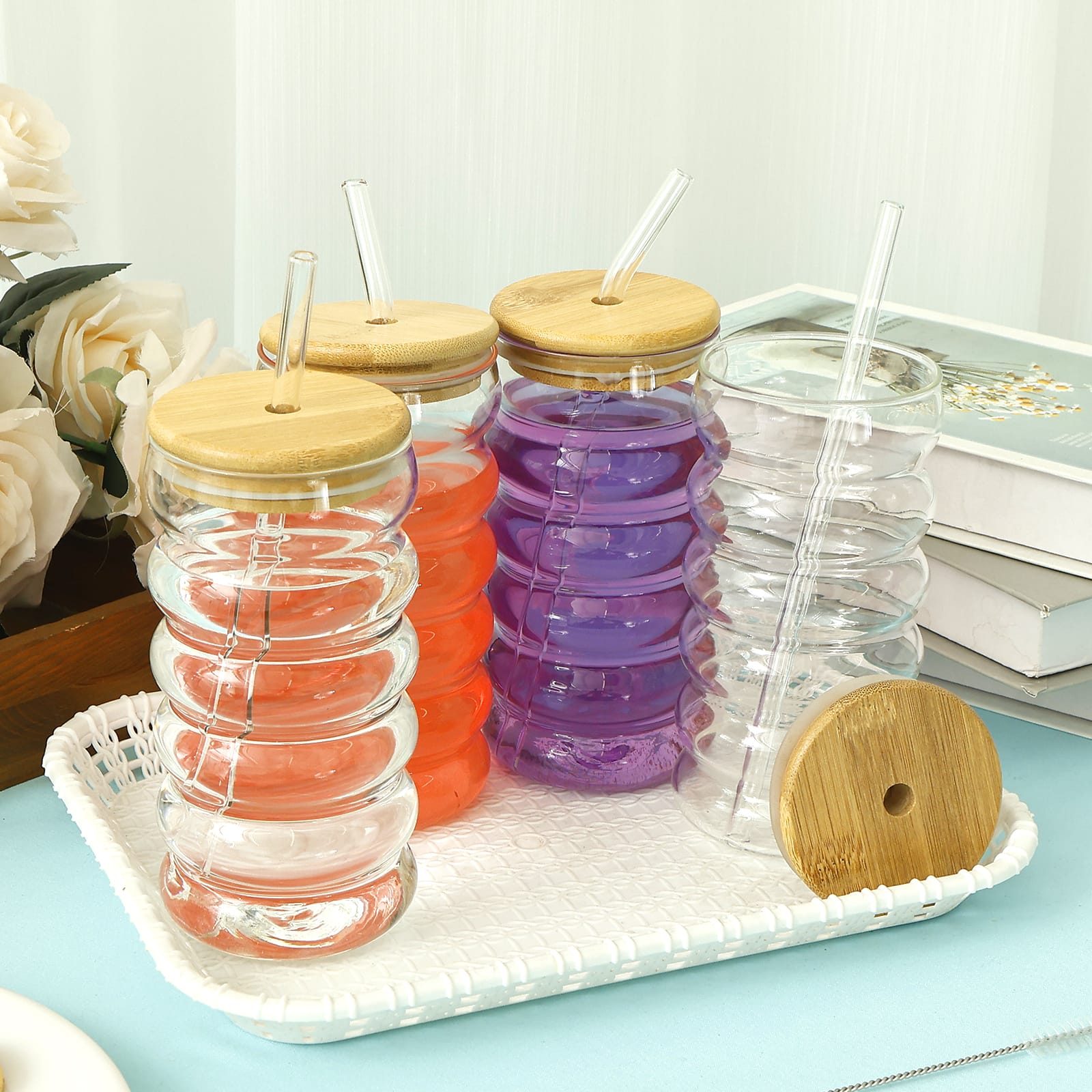 Borosilicate ripple wave glass cup with bamboo lid | - Elegant Households KE