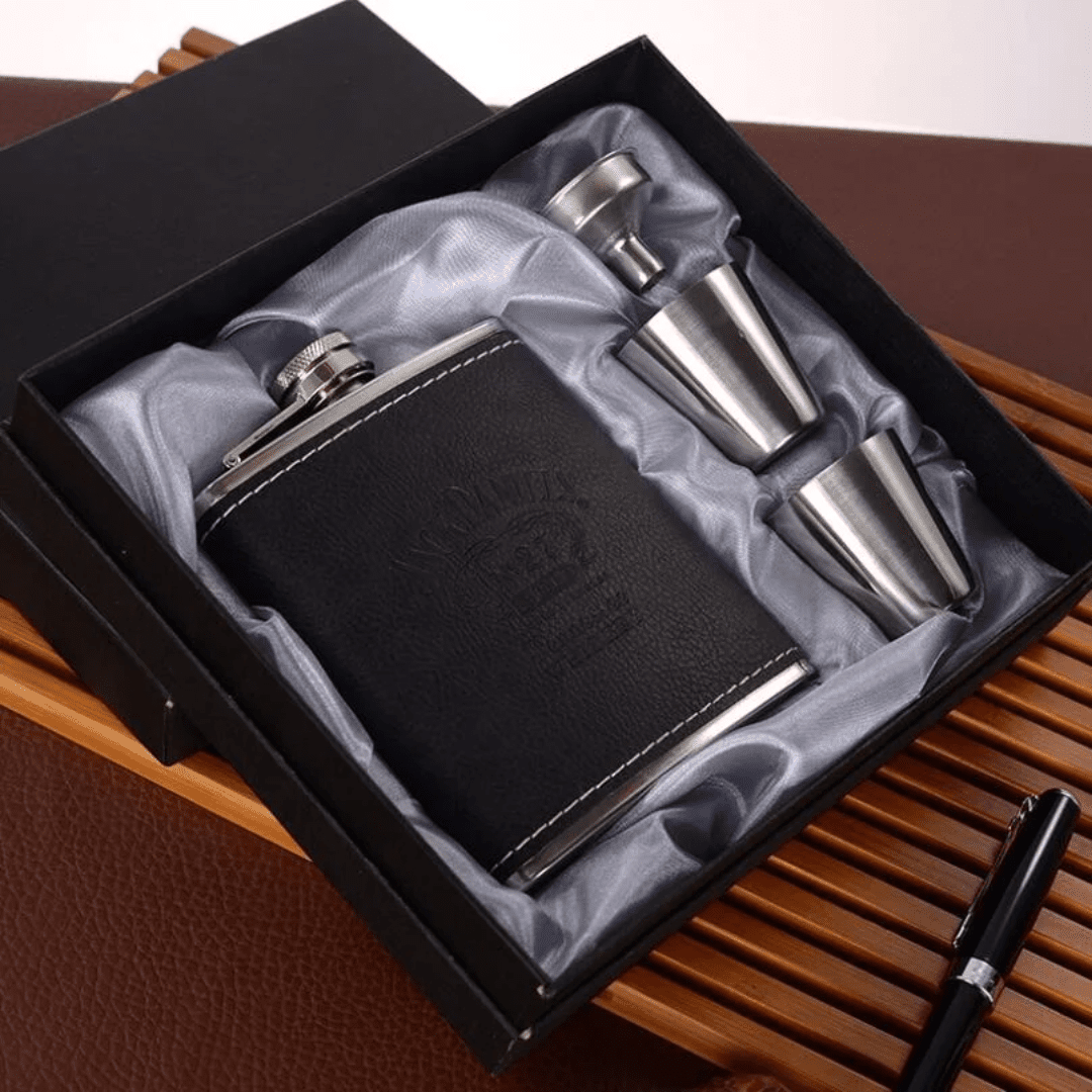 Branded 200ml Leather Hip Flask Gift Set with Stainless Steel Cups | - Elegant Households KE