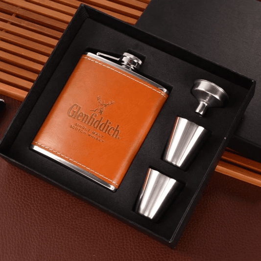 Branded 200ml Leather Hip Flask Gift Set with Stainless Steel Cups | - Elegant Households KE