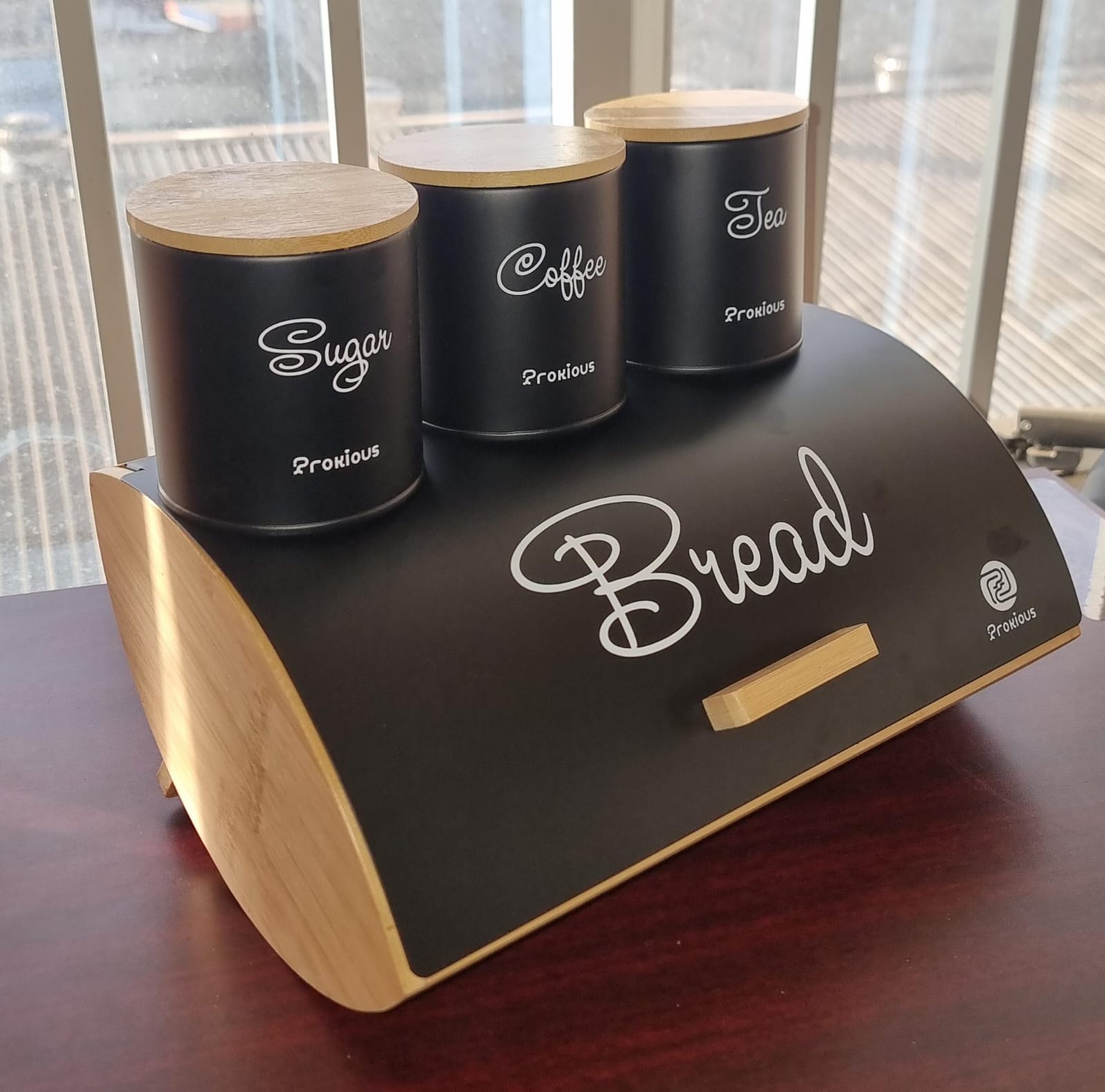 Bread Bin with Coffee, Sugar, Tea Canister Set – Bamboo Lid Storage | - Elegant Households KE