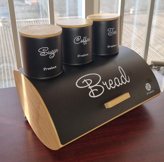 Bread Bin with Coffee, Sugar, Tea Canister Set – Bamboo Lid Storage | - Elegant Households KE