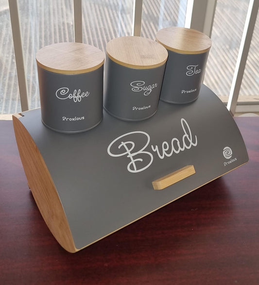 Bread Bin with Coffee, Sugar, Tea Canister Set – Bamboo Lid Storage | - Elegant Households KE
