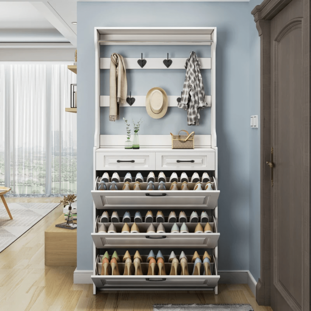 Bucket Flip Shoe Rack with Hanger – Space - Saving Entryway Shoe Storage Cabinet | - Elegant Households KE