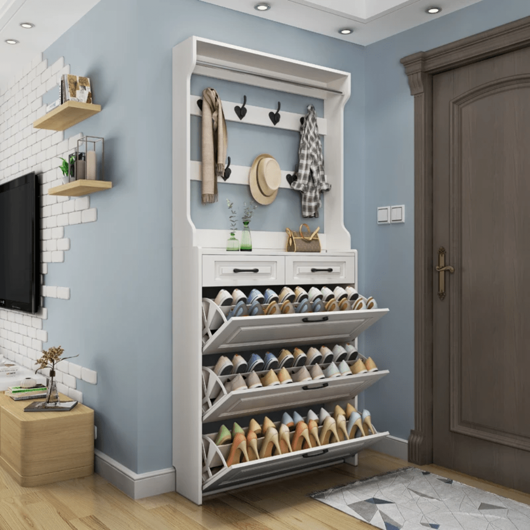 Bucket Flip Shoe Rack with Hanger – Space - Saving Entryway Shoe Storage Cabinet | - Elegant Households KE