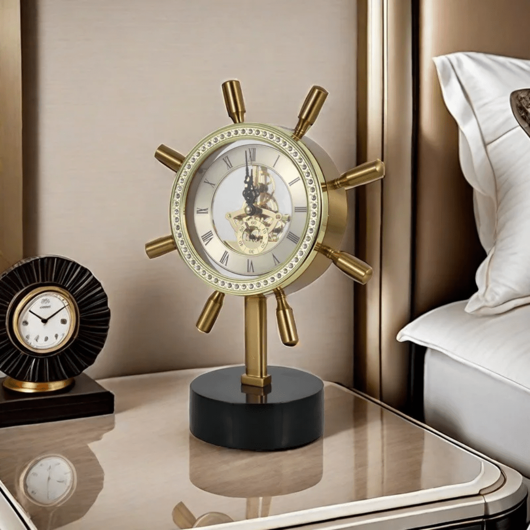 Captain Steering Wheel Desktop Clock with Marble Base | - Elegant Households KE