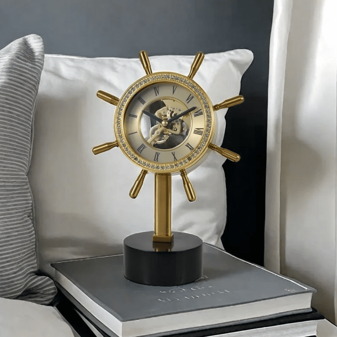 Captain Steering Wheel Desktop Clock with Marble Base | - Elegant Households KE