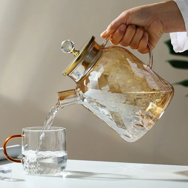 Champagne Color Diamond Texture Surface Glass Kettle Heat - resistant Thicken Glass Household Juice Flower Teapot Nordic  | - Elegant Households KE