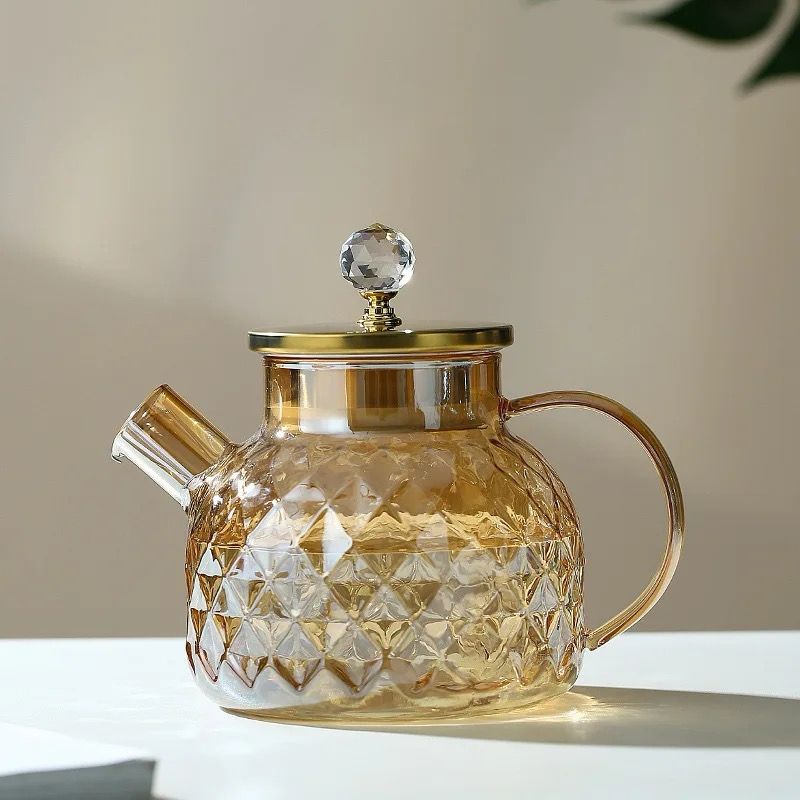 Champagne Color Diamond Texture Surface Glass Kettle Heat - resistant Thicken Glass Household Juice Flower Teapot Nordic  | - Elegant Households KE