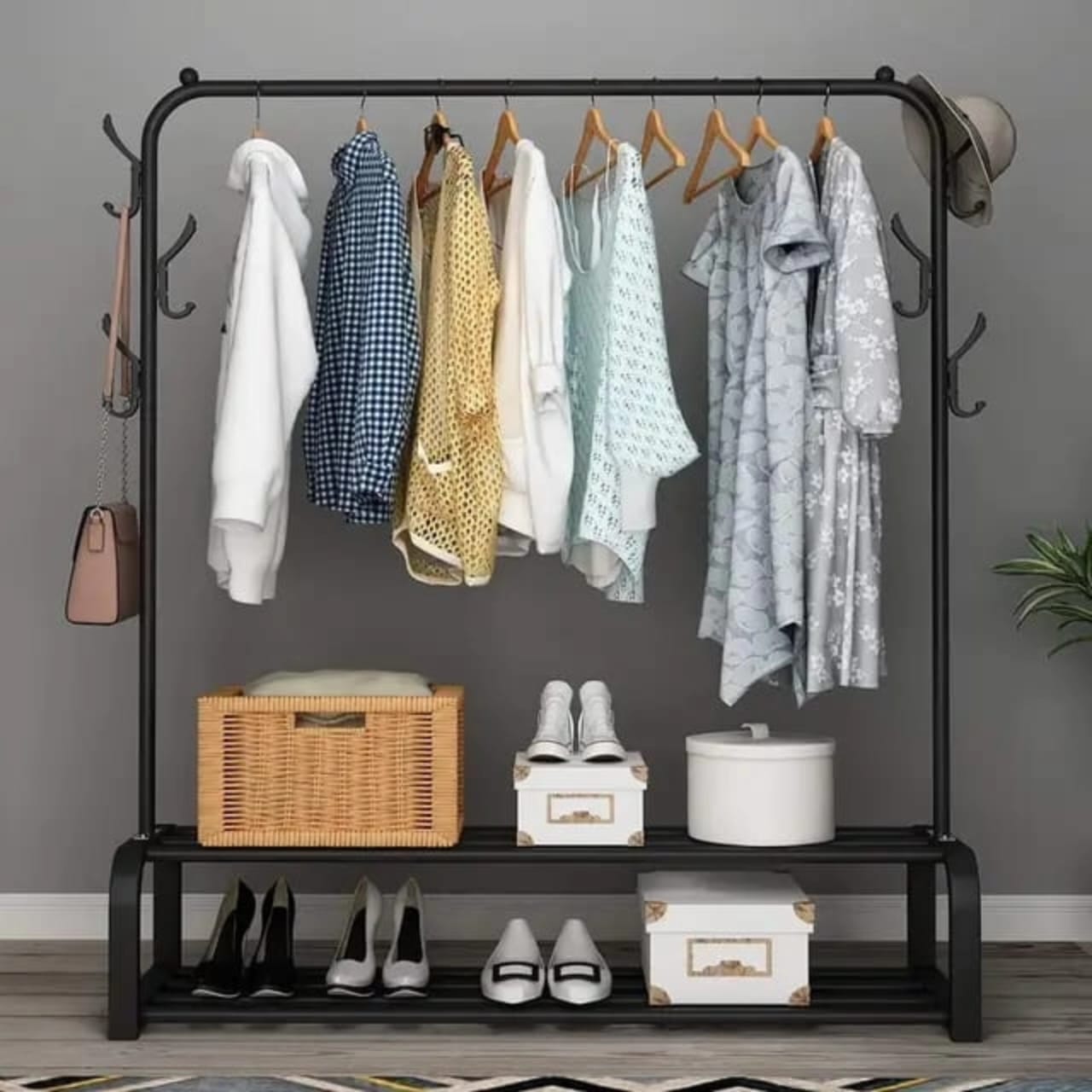 Cloth Rack With Double Lower Storage Shelf for Boxes | - Elegant Households KE