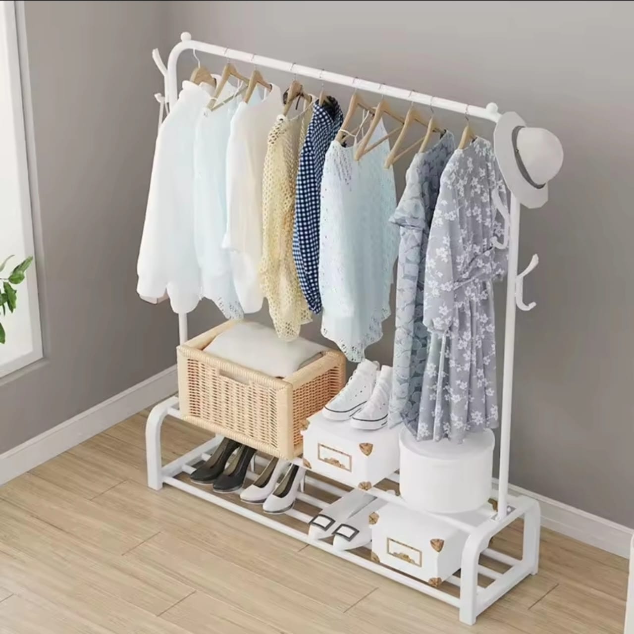 Cloth Rack With Double Lower Storage Shelf for Boxes | - Elegant Households KE