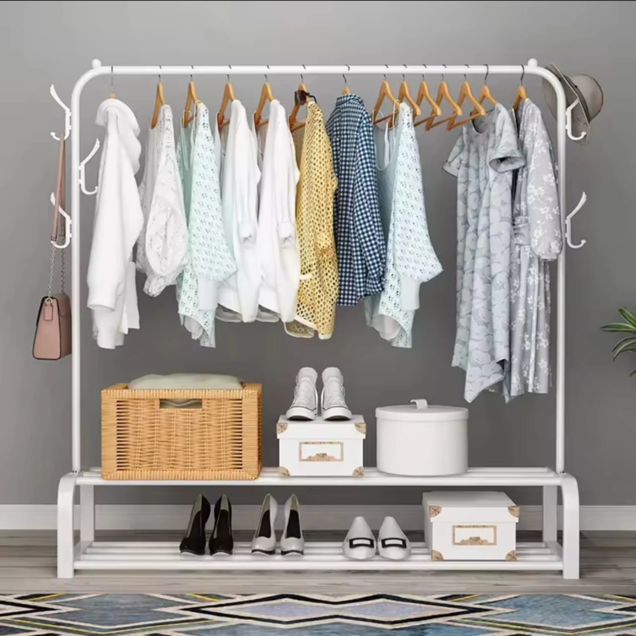 Cloth Rack With Double Lower Storage Shelf for Boxes | - Elegant Households KE