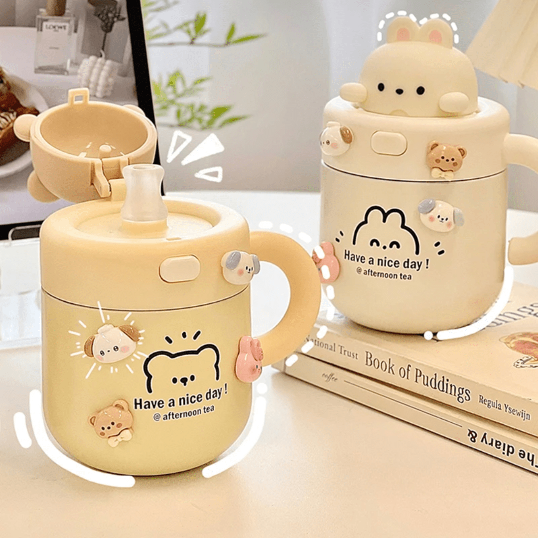 Cute bear rabbit thermos,kawaii straw with lid | - Elegant Households KE
