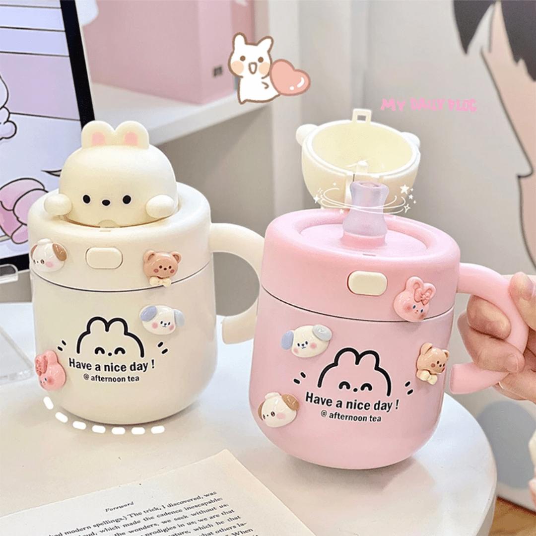 Cute bear rabbit thermos,kawaii straw with lid | - Elegant Households KE