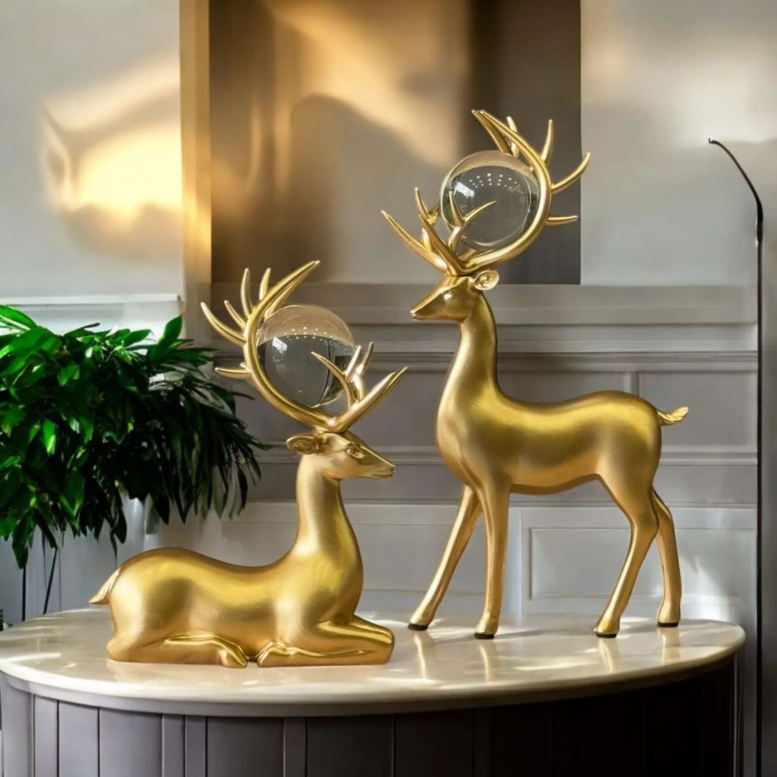 Decorative Gold Elk Statue with Crystal Ball Accents | - Elegant Households KE