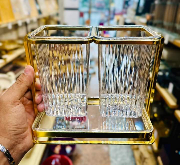 Double Acrylic Cutlery's / Spoon Holder With A Golden Stand | - Elegant Households KE