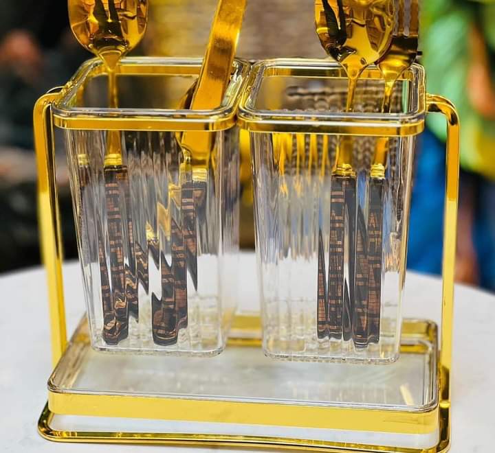 Double Acrylic Cutlery's / Spoon Holder With A Golden Stand | - Elegant Households KE