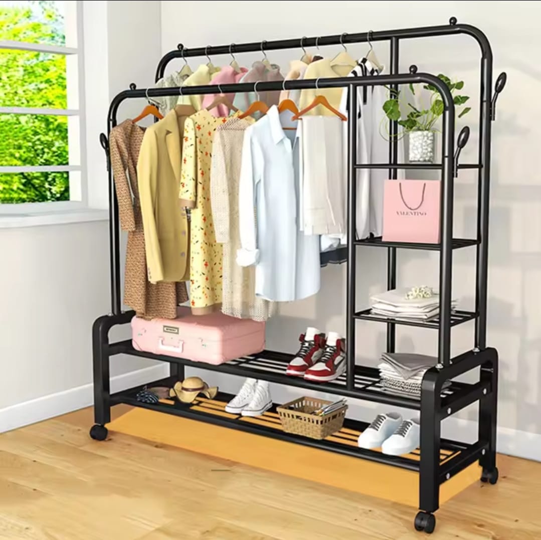 Double Layer Garment Rack Floor Standing Clothes Hanger | - Elegant Households KE