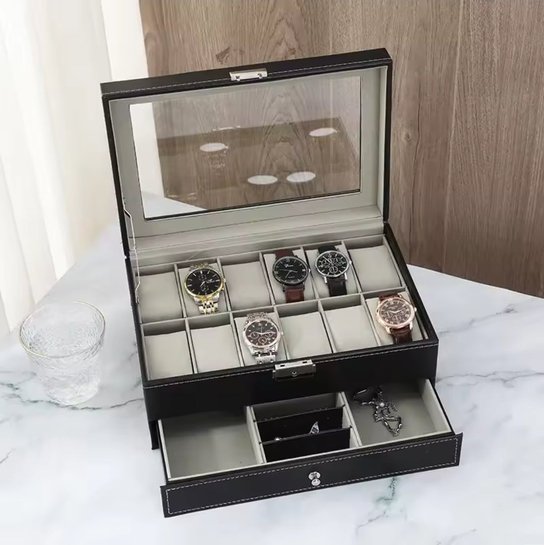DOUBLE LAYER WATCH ORGANIZER/STORAGE BOX WITH LOWER COMPARTMENT | - Elegant Households KE