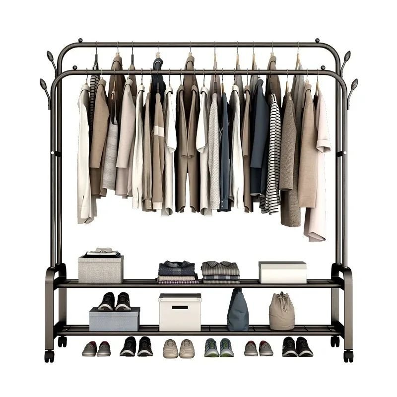 Double Pole Clothing Rack with Wheels and Shoe Rack | - Elegant Households KE