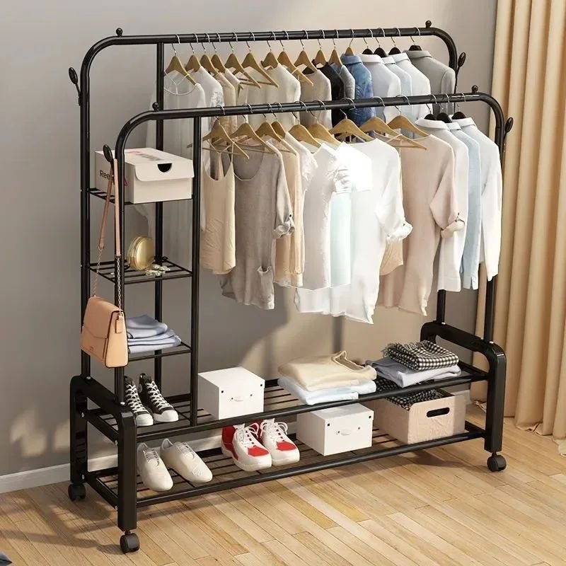 Double Pole Clothing Rack with Wheels and Shoe Rack | - Elegant Households KE