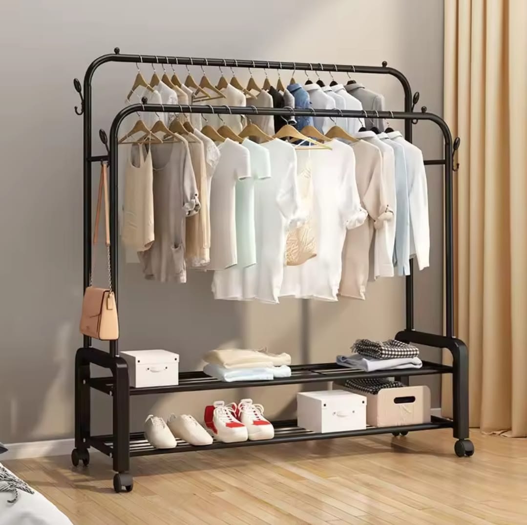 Double Pole Clothing Rack with Wheels and Shoe Rack | - Elegant Households KE